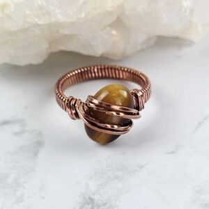 Tigers Eye Ring Copper Wire Wrapped Jewelry Women Men Artisan Handmade Size 8.5